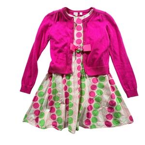 Dollie & Me Polka Dot Dress & GAP Cardigan Set Girls Size 7 8 Pink Green Cotton